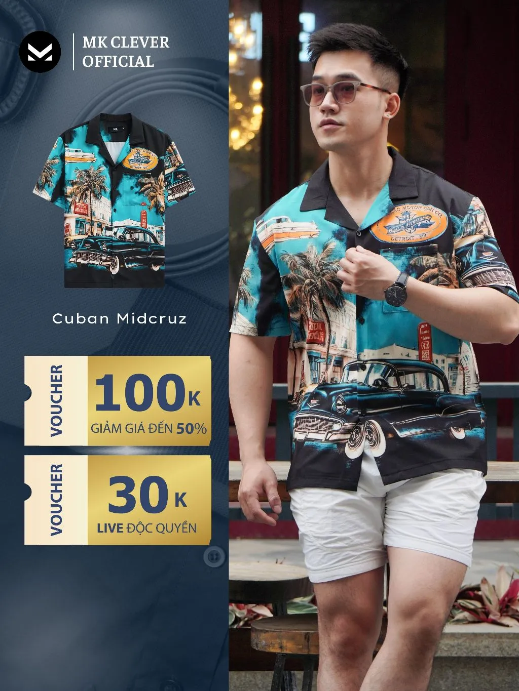 Ảnh Áo Sơ Mi Cuban nam Midcruz MKCLEVER Chất lụa mềm mịn, thoáng mát, chống nhăn, form rộng mặc hằng ngày 1