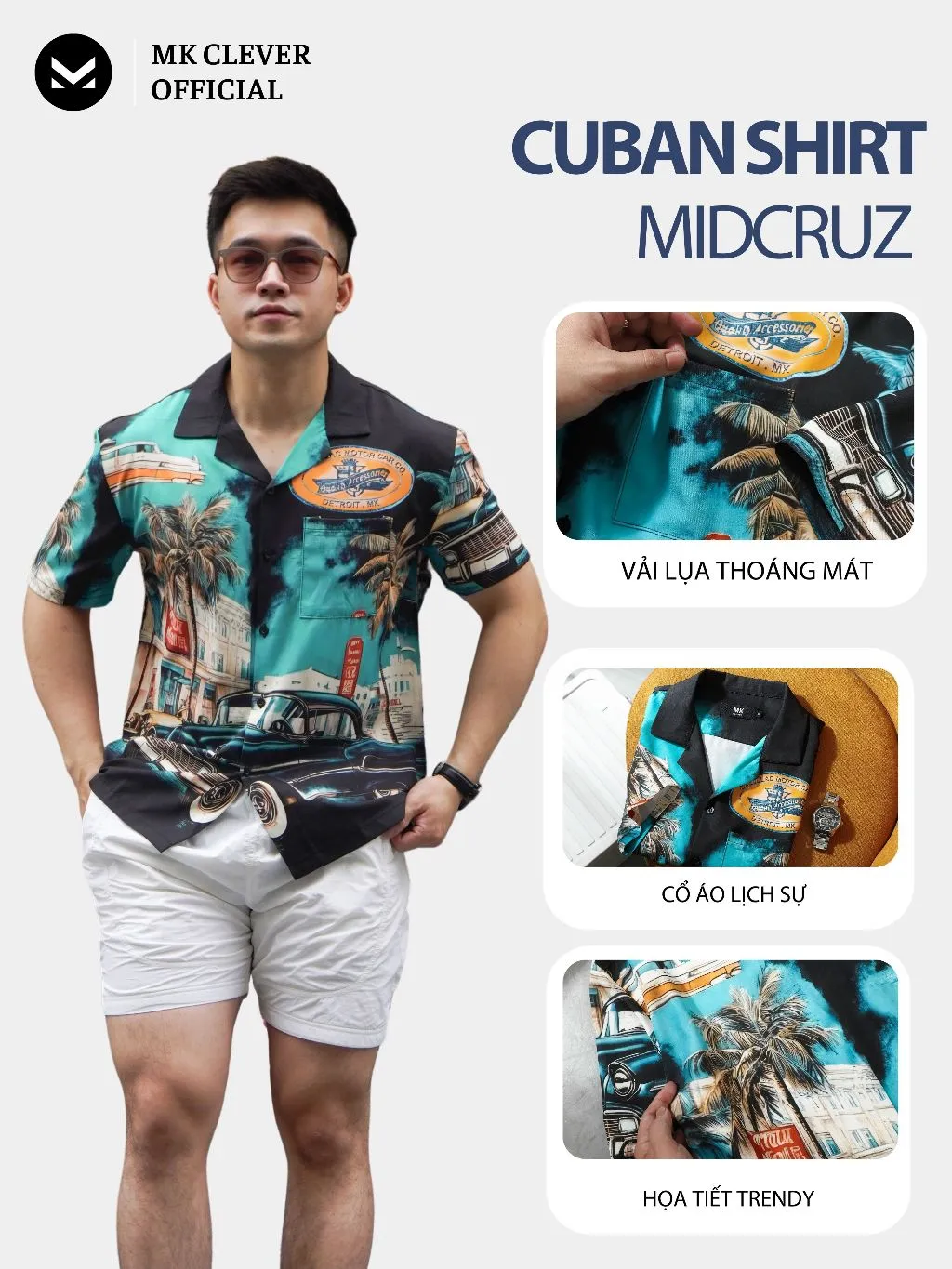 Ảnh Áo Sơ Mi Cuban nam Midcruz MKCLEVER Chất lụa mềm mịn, thoáng mát, chống nhăn, form rộng mặc hằng ngày 3