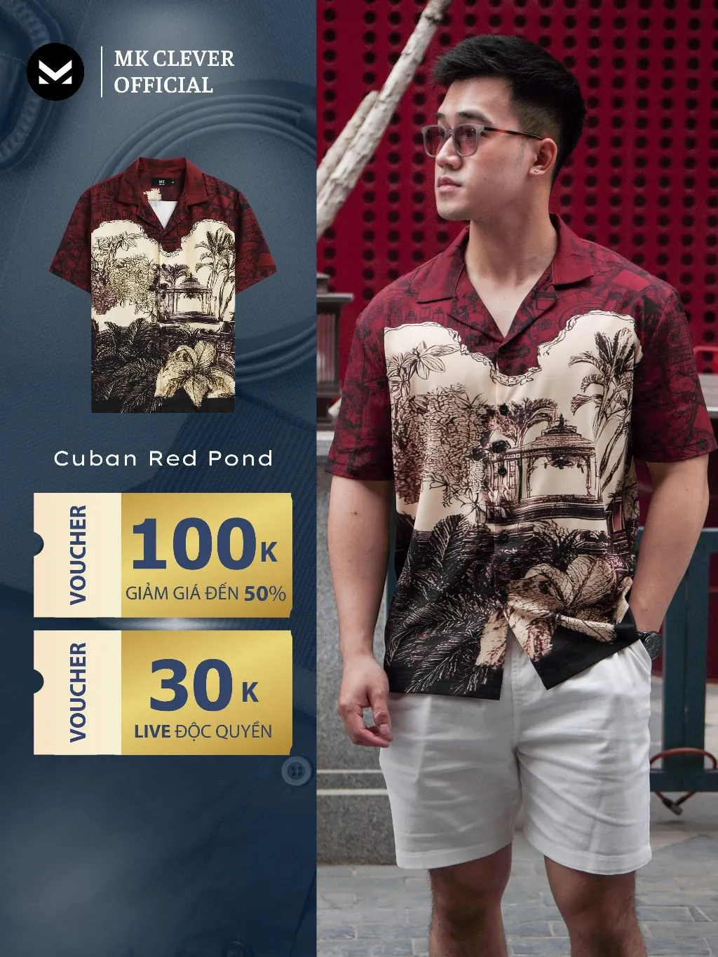 Ảnh Áo Sơ Mi Cuban nam Red Pond MKCLEVER Chất lụa mềm mịn, thoáng mát, chống nhăn, form rộng mặc hằng ngày 1