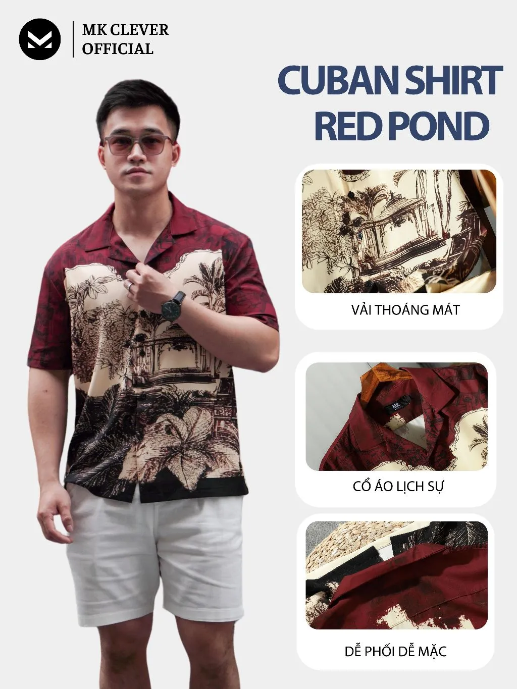 Ảnh Áo Sơ Mi Cuban nam Red Pond MKCLEVER Chất lụa mềm mịn, thoáng mát, chống nhăn, form rộng mặc hằng ngày 3
