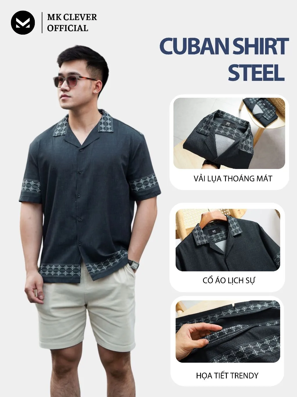 Ảnh Áo Sơ Mi Cuban nam Steel MKCLEVER Chất lụa mềm mịn, thoáng mát, chống nhăn, form rộng mặc hằng ngày 3