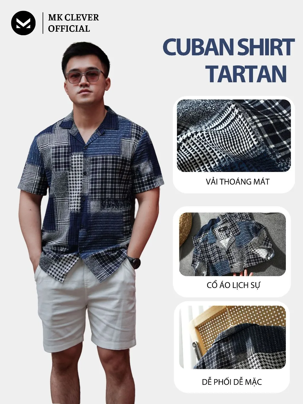 Ảnh Áo Sơ Mi Cuban nam Tartan MKCLEVER Chất đũi Hàn mềm mịn, thoáng mát, chống nhăn, form rộng mặc hằng ngày 3