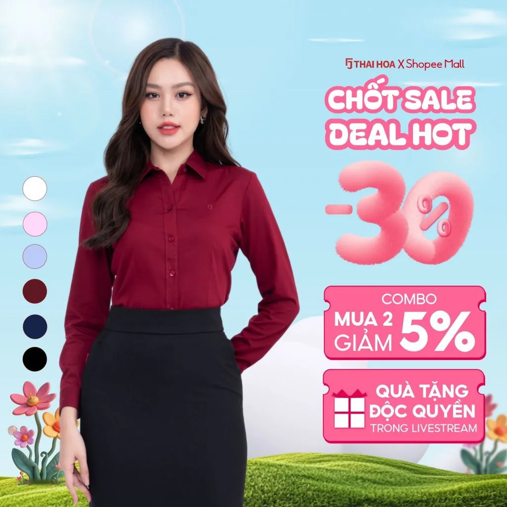 Ảnh Áo sơ mi dài tay ASW0101-R10 chất liệu sợi tre vải trơn form ôm nhiều màu Thái Hòa 1