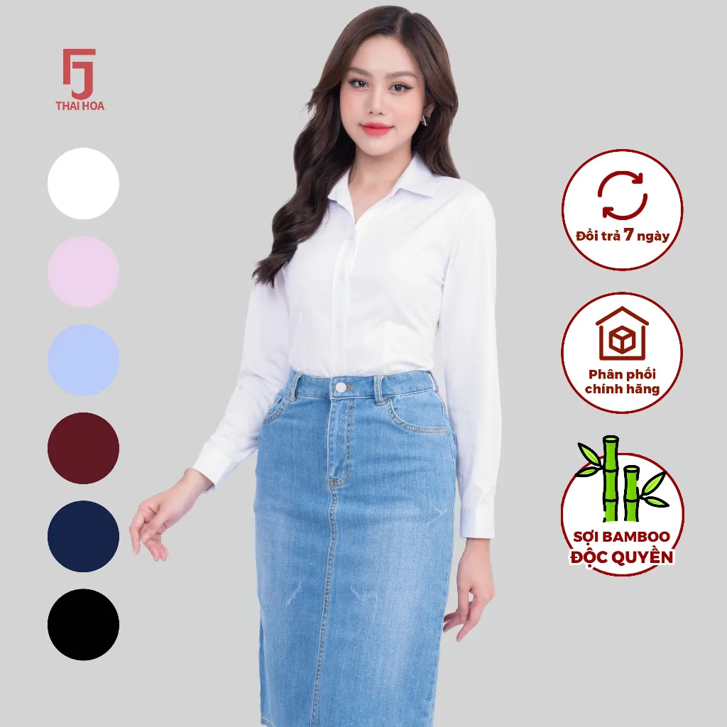 Ảnh Áo sơ mi dài tay ASW0101-R10 chất liệu sợi tre vải trơn form ôm nhiều màu Thái Hòa 2