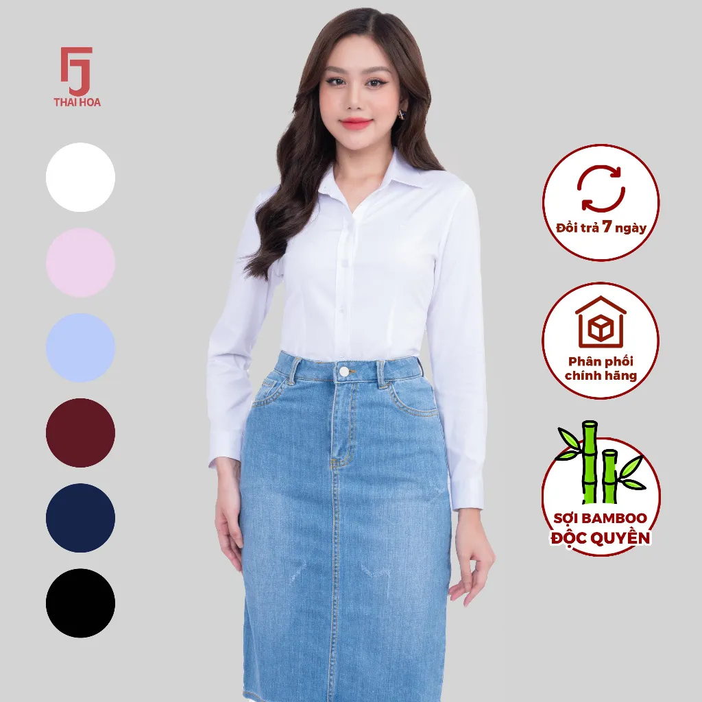 Ảnh Áo sơ mi dài tay ASW0101-R10 chất liệu sợi tre vải trơn form ôm nhiều màu Thái Hòa 3