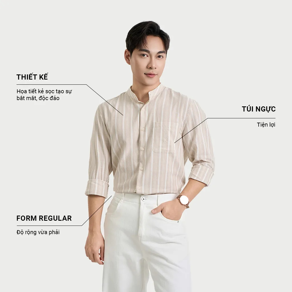 Ảnh Áo Sơ Mi Dài Tay Nam Krik Form Regular Thiết Kể Cổ Tàu Cùng Họa Tiết Kẻ Sọc Thanh Lịch SD3221 1