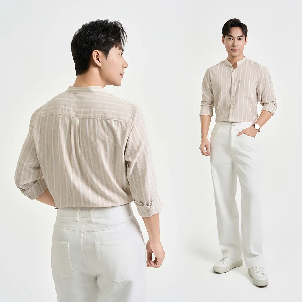 Ảnh Áo Sơ Mi Dài Tay Nam Krik Form Regular Thiết Kể Cổ Tàu Cùng Họa Tiết Kẻ Sọc Thanh Lịch SD3221 3