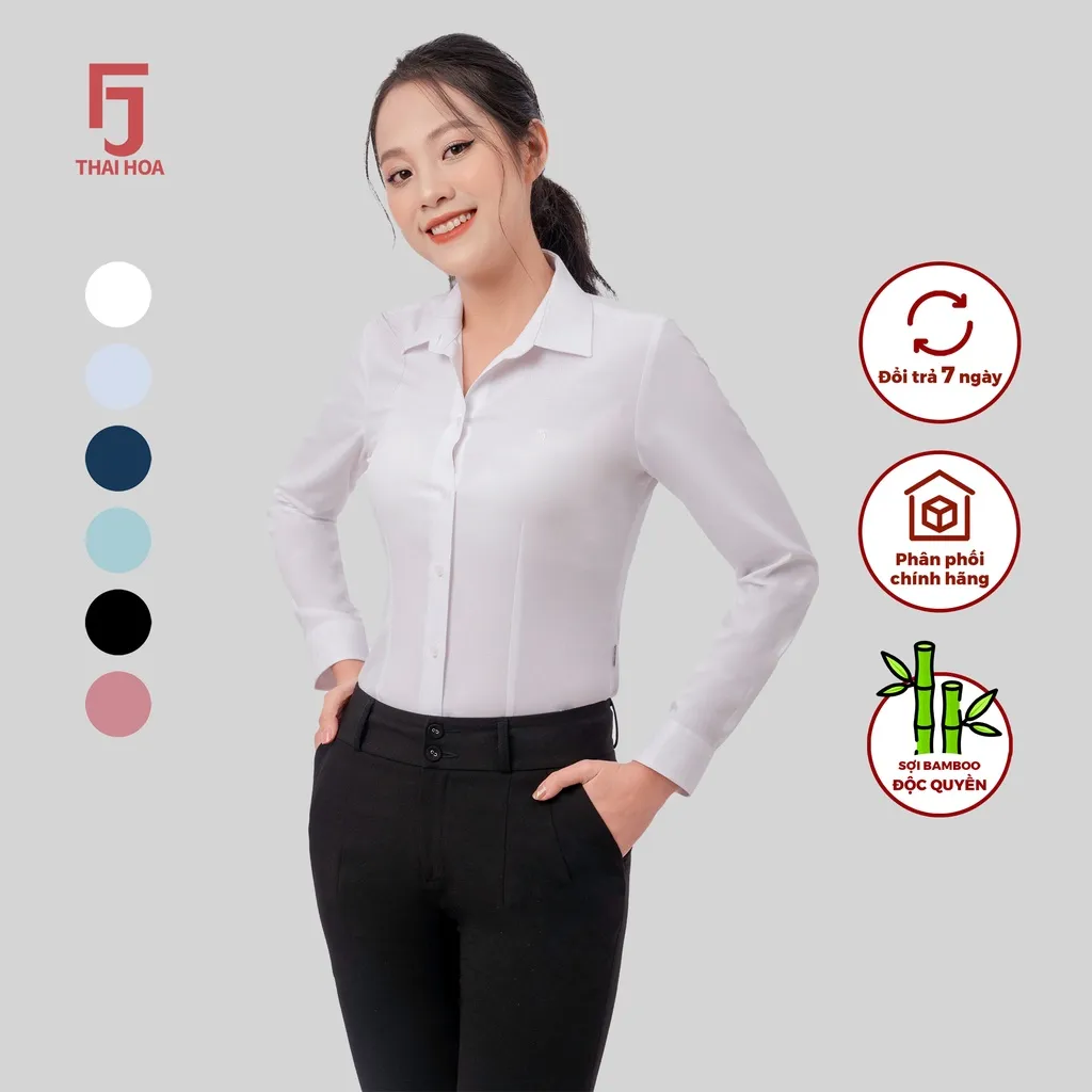 Ảnh Áo sơ mi dài tay nữ ASW0101-R11 tinh chất sợi tre vải xước form ôm Thái Hòa dài tay nữ cổ Đức 2