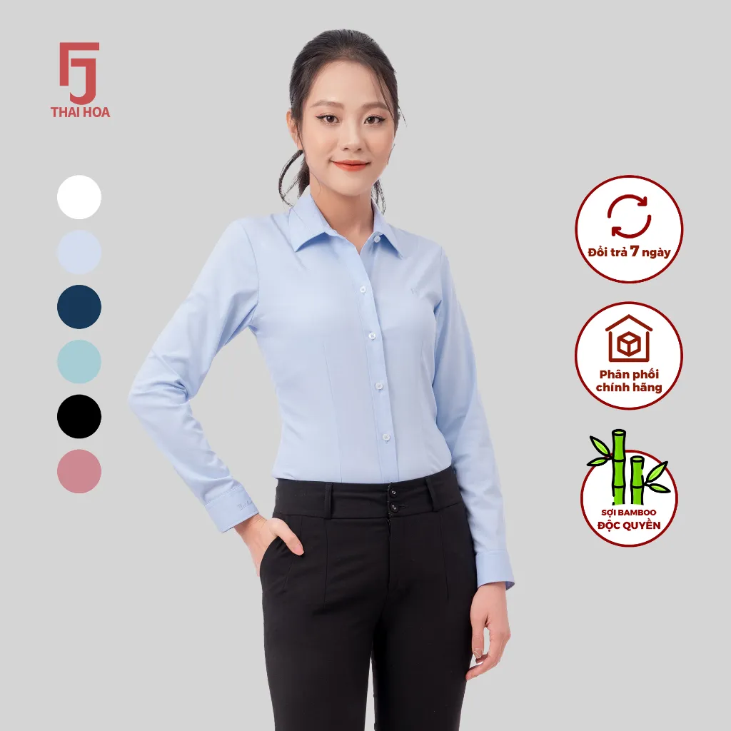 Ảnh Áo sơ mi dài tay nữ ASW0101-R11 tinh chất sợi tre vải xước form ôm Thái Hòa dài tay nữ cổ Đức 3