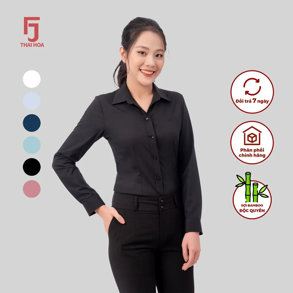 Ảnh Áo sơ mi dài tay nữ ASW0101-R11 tinh chất sợi tre vải xước form ôm Thái Hòa dài tay nữ cổ Đức 4