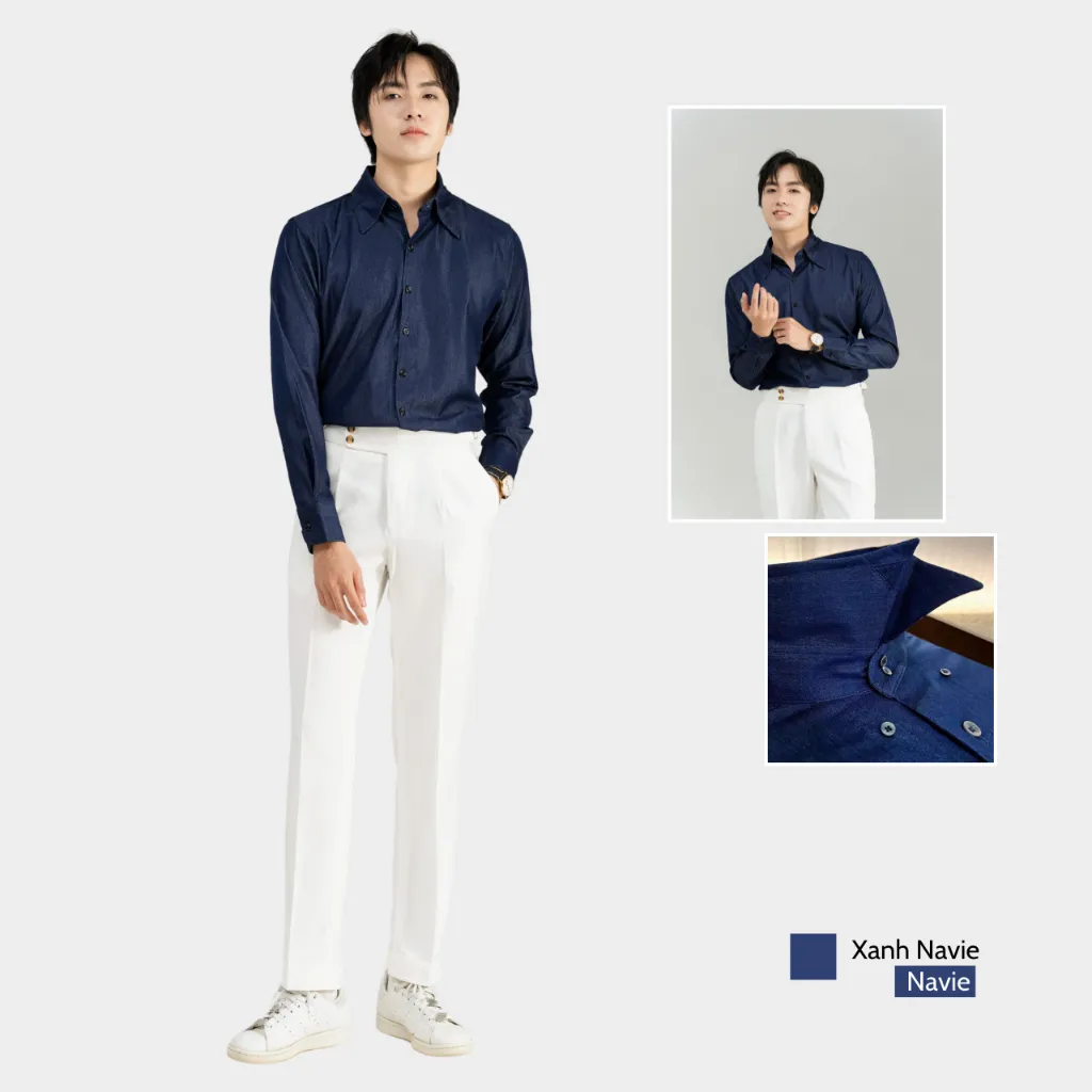 Ảnh Áo sơ mi denim nam đen BAETON cao cấp cổ button down sang trọng -S07 2