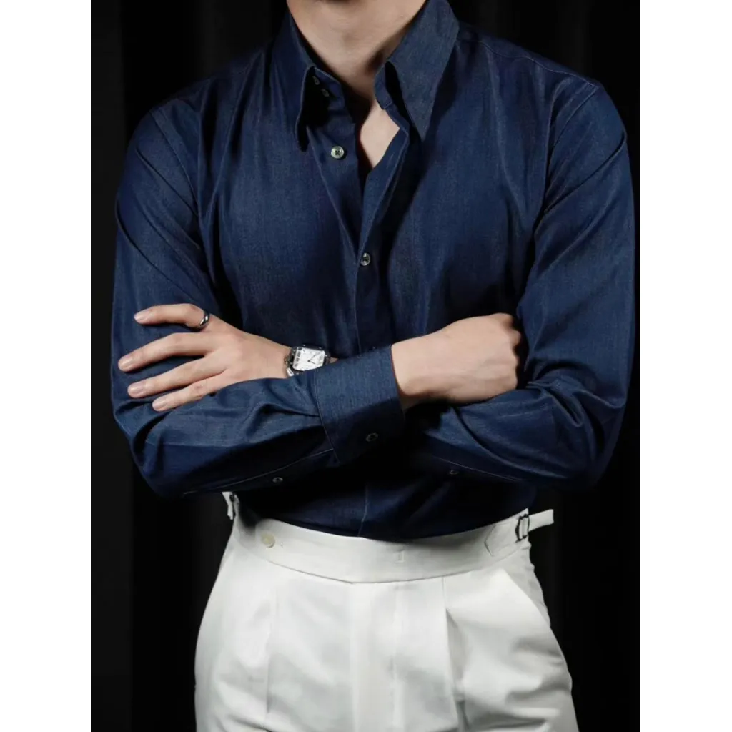 Ảnh Áo sơ mi denim nam đen BAETON cao cấp cổ button down sang trọng -S07 4