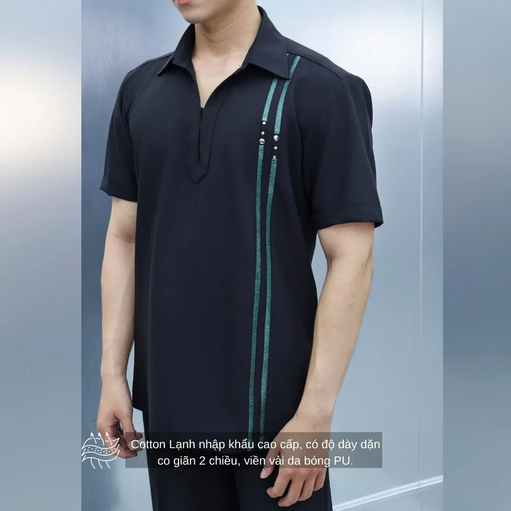 Ảnh Áo sơ mi đen nam tay ngắn SIMTU điểm nhấn viền vải da sáng bóng kết hợp nút kim loại cao cấp | SM044 4