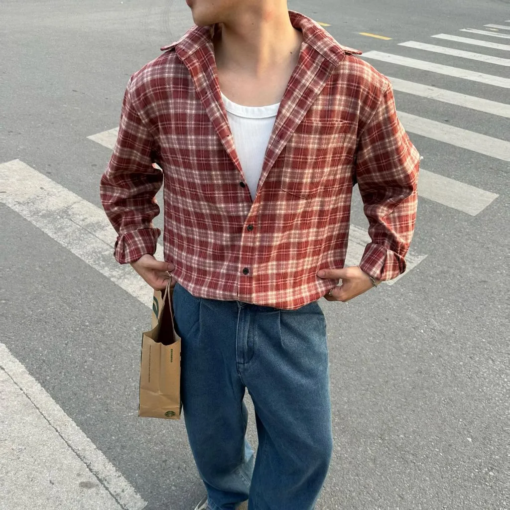 Ảnh Áo Sơ Mi Flannel PEALO chất liệu cotton Form Rộng Kẻ Caro 2