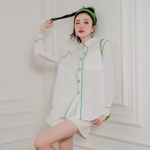 Ảnh Áo Sơ Mi Hàng Nút Vuông MUSHROOM LEE Line Green 1