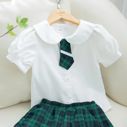 Ảnh Áo sơ mi đi học bé gái ILABY cổ sen chất liệu thô cotton thoáng mát cho bé 10-35kg không kèm cà vạt [1899] 2