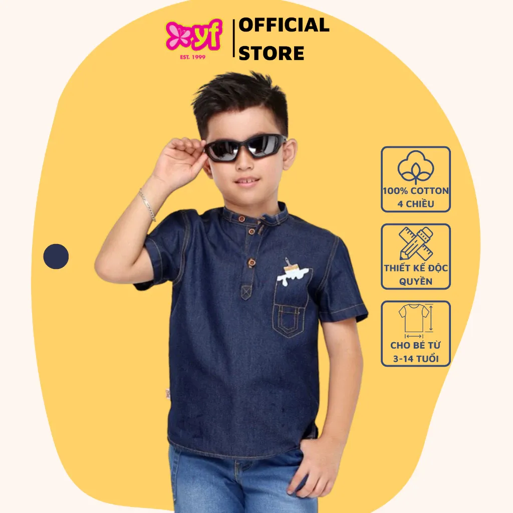 Ảnh Áo sơ mi jean bé trai cổ trụ YF, jean cotton wash mềm sành điệu 8AY003 1