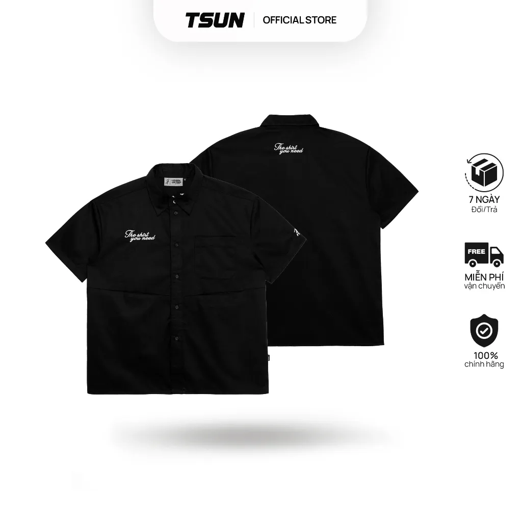 Ảnh Áo Sơ Mi Kaki Basic Màu Đen Chi tiết Thêu - Brand TSUN Chính Hãng Oversize Shirt - UNISEX 1