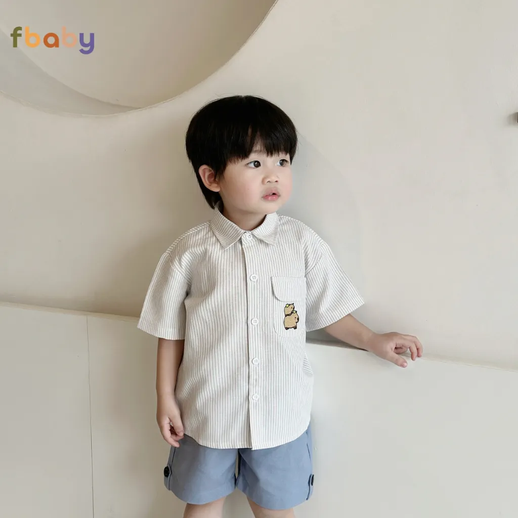 Ảnh Áo Sơ Mi Kẻ Bé Trai Fbaby Cộc Tay Thêu Hình Vải Oxford 3 Màu Lịch Sự Dày Dặn Thoáng Mát Cho Bé Đi Chơi, Đi Học, Sự Kiện 2