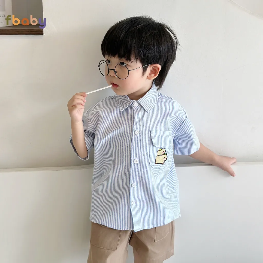 Ảnh Áo Sơ Mi Kẻ Bé Trai Fbaby Cộc Tay Thêu Hình Vải Oxford 3 Màu Lịch Sự Dày Dặn Thoáng Mát Cho Bé Đi Chơi, Đi Học, Sự Kiện 4