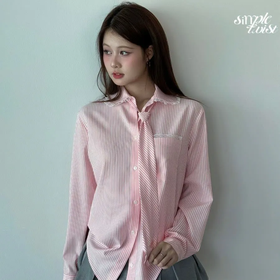 Ảnh Áo sơ mi kẻ sọc kèm cà vạt tay dài màu xám và hồng Sweetheart Top thanh lịch công sở - Simple Twist 2
