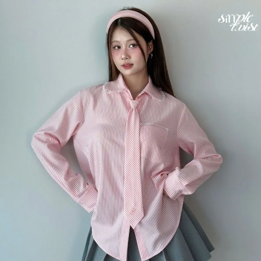 Ảnh Áo sơ mi kẻ sọc kèm cà vạt tay dài màu xám và hồng Sweetheart Top thanh lịch công sở - Simple Twist 3