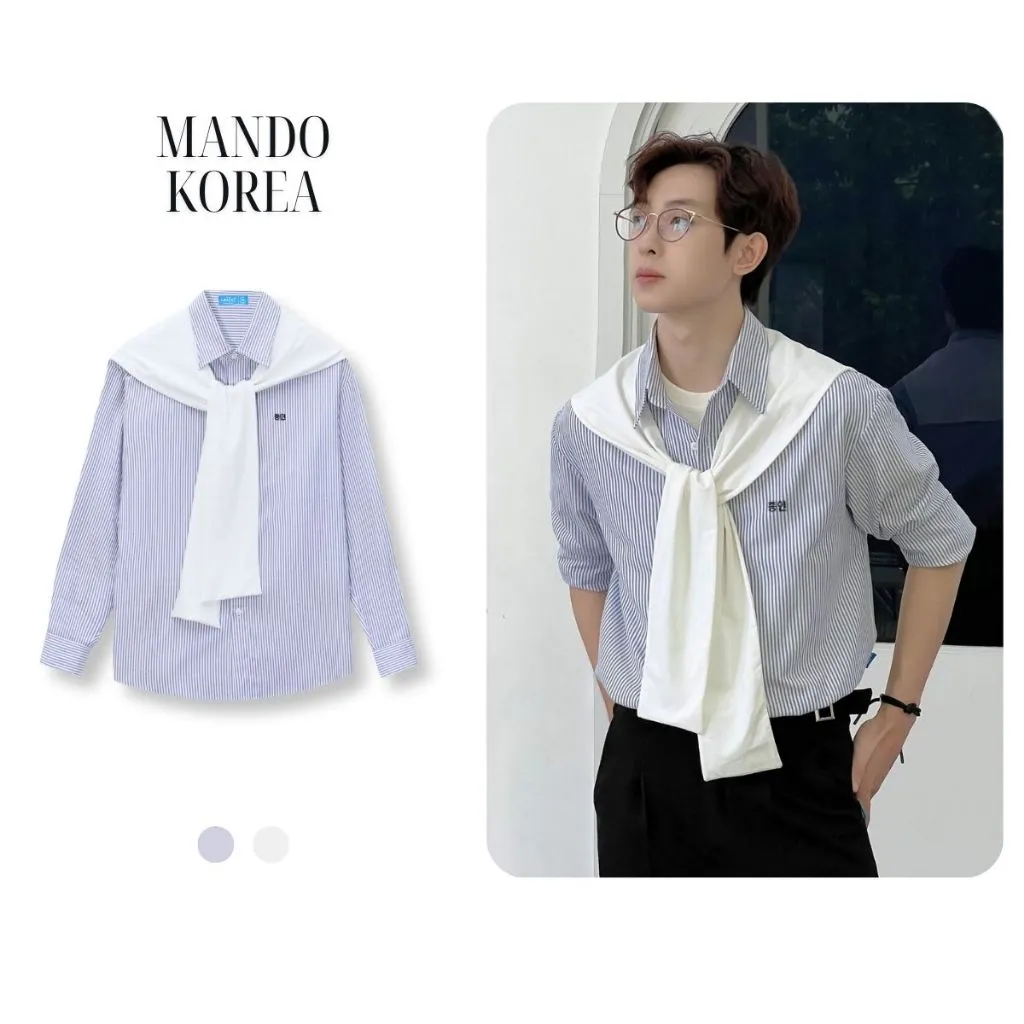 Ảnh Áo Sơ Mi Kẻ Sọc Xanh MANDO Chất Liệu Vải Oxford Dày Dặn Đứng Form Phong Cách Hàn Quốc "Tặng Kèm Khăn" - SHT027 2