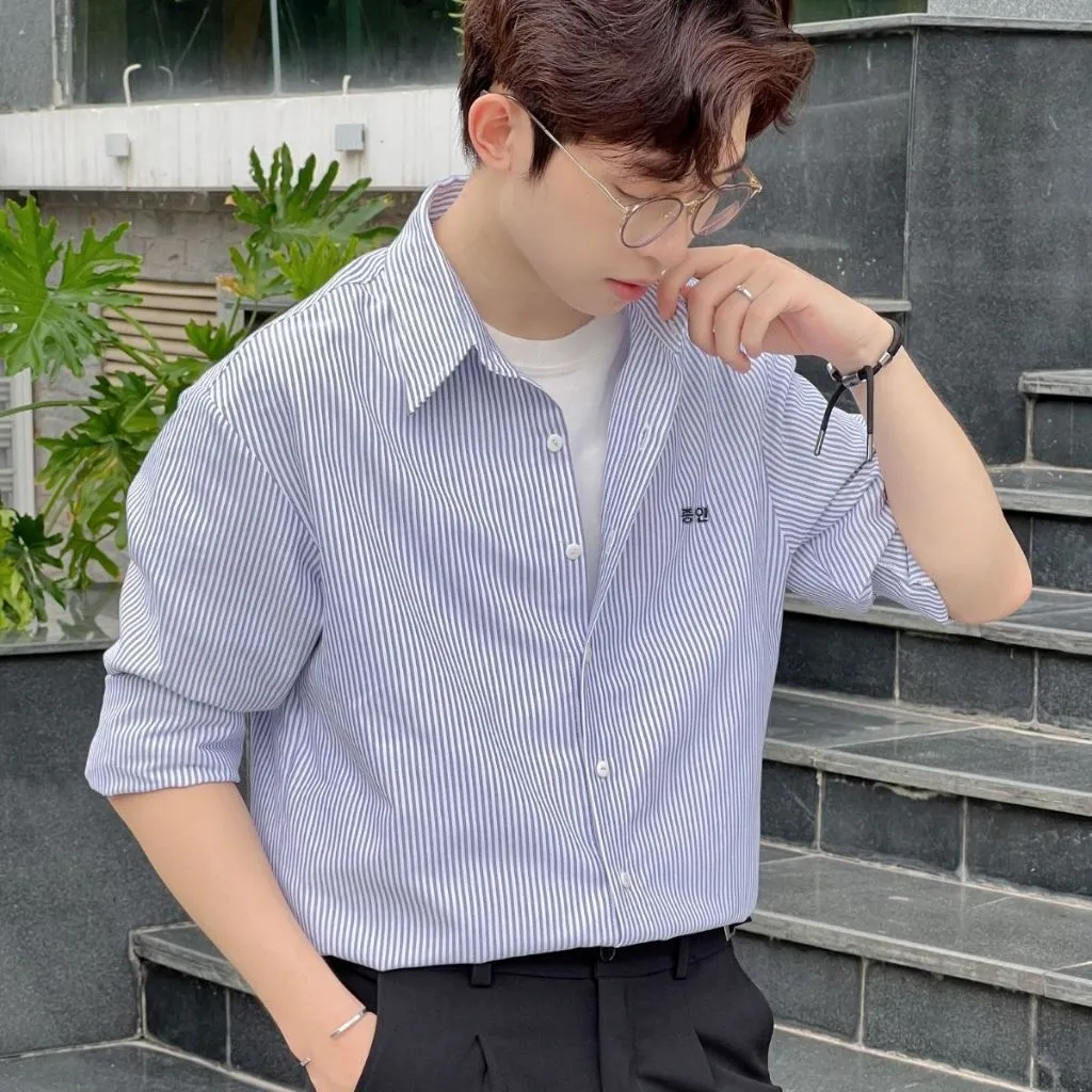 Ảnh Áo Sơ Mi MANDO Kẻ Sọc Xanh Vải Oxford Dày Dặn Form Rộng Unisex Style Phong Cách Hàn Quốc - XSHT027 1