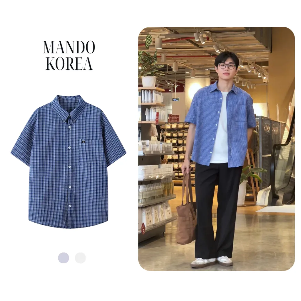 Ảnh Áo Sơ Mi MANDO Ngắn Tay Kẻ Ô Xanh Navy Vải Linen Form Rộng Unisex Style Phong Cách Hàn Quốc - SHT044 1