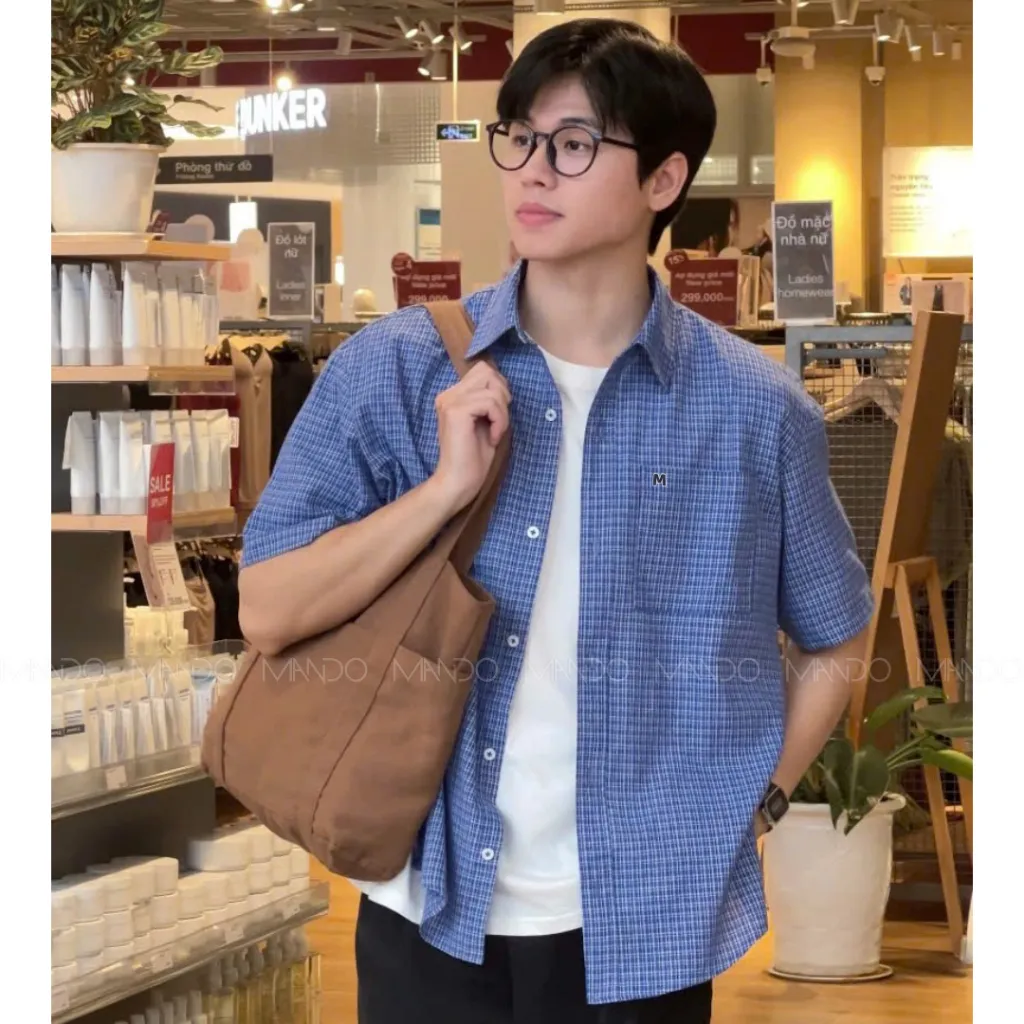 Ảnh Áo Sơ Mi MANDO Ngắn Tay Kẻ Ô Xanh Navy Vải Linen Form Rộng Unisex Style Phong Cách Hàn Quốc - SHT044 2