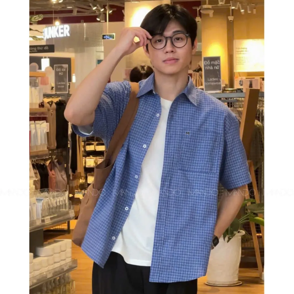 Ảnh Áo Sơ Mi MANDO Ngắn Tay Kẻ Ô Xanh Navy Vải Linen Form Rộng Unisex Style Phong Cách Hàn Quốc - SHT044 3
