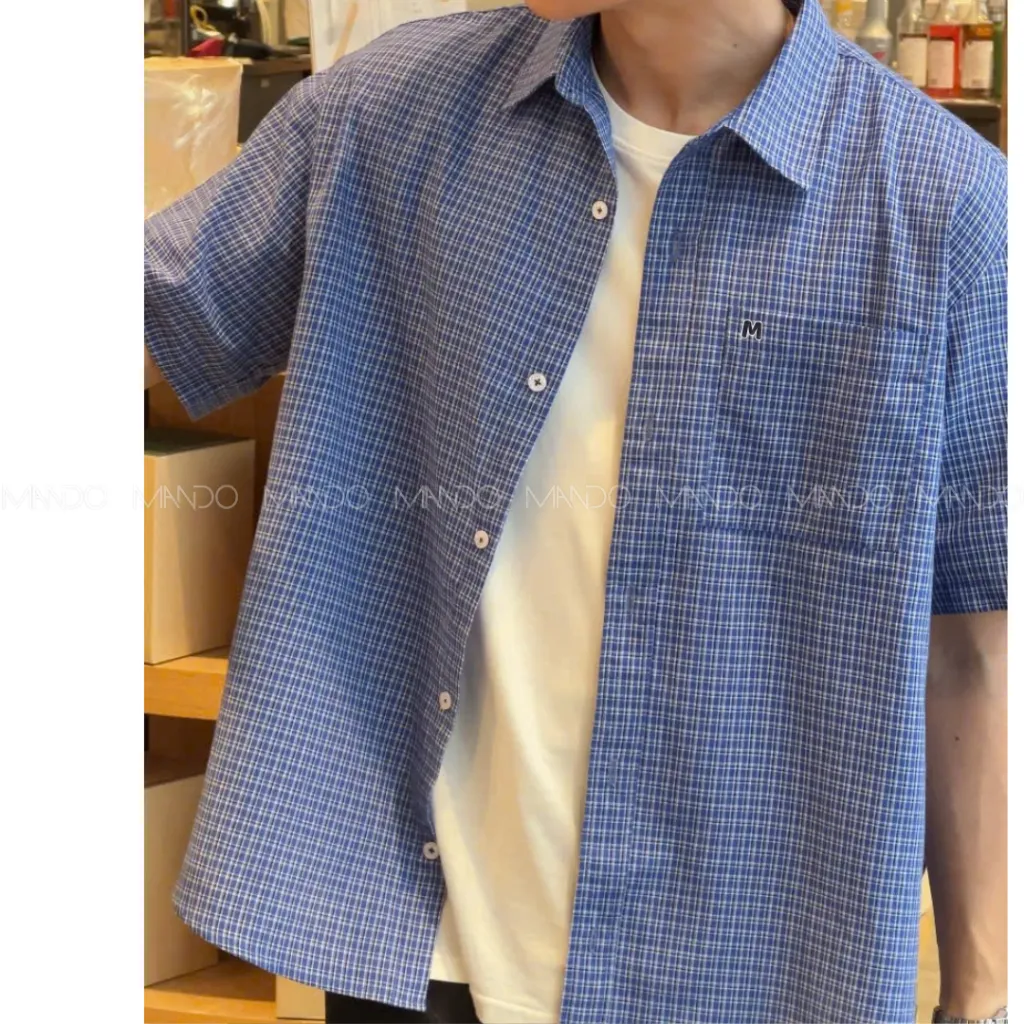 Ảnh Áo Sơ Mi MANDO Ngắn Tay Kẻ Ô Xanh Navy Vải Linen Form Rộng Unisex Style Phong Cách Hàn Quốc - SHT044 4