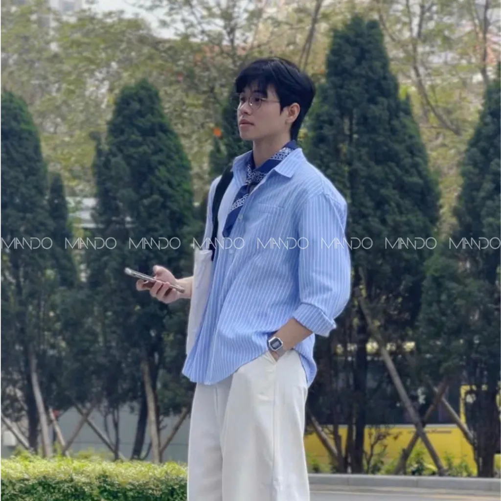 Ảnh Áo Sơ Mi MANDO Oxford Kẻ Sọc Xanh Phối Trắng Dài Tay Form Rộng Unisex Style Phong Cách Hàn Quốc - SHT048 1