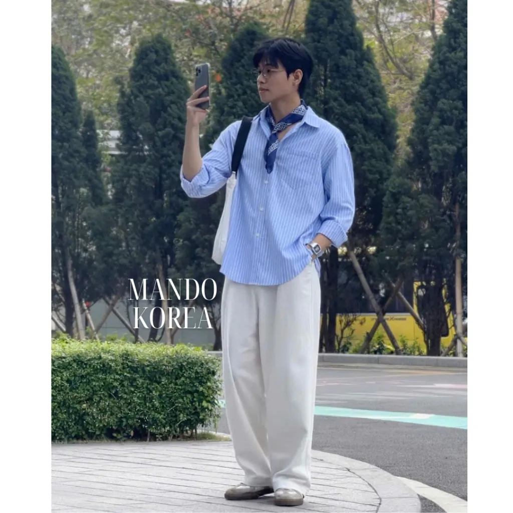 Ảnh Áo Sơ Mi MANDO Oxford Kẻ Sọc Xanh Phối Trắng Dài Tay Form Rộng Unisex Style Phong Cách Hàn Quốc - SHT048 2
