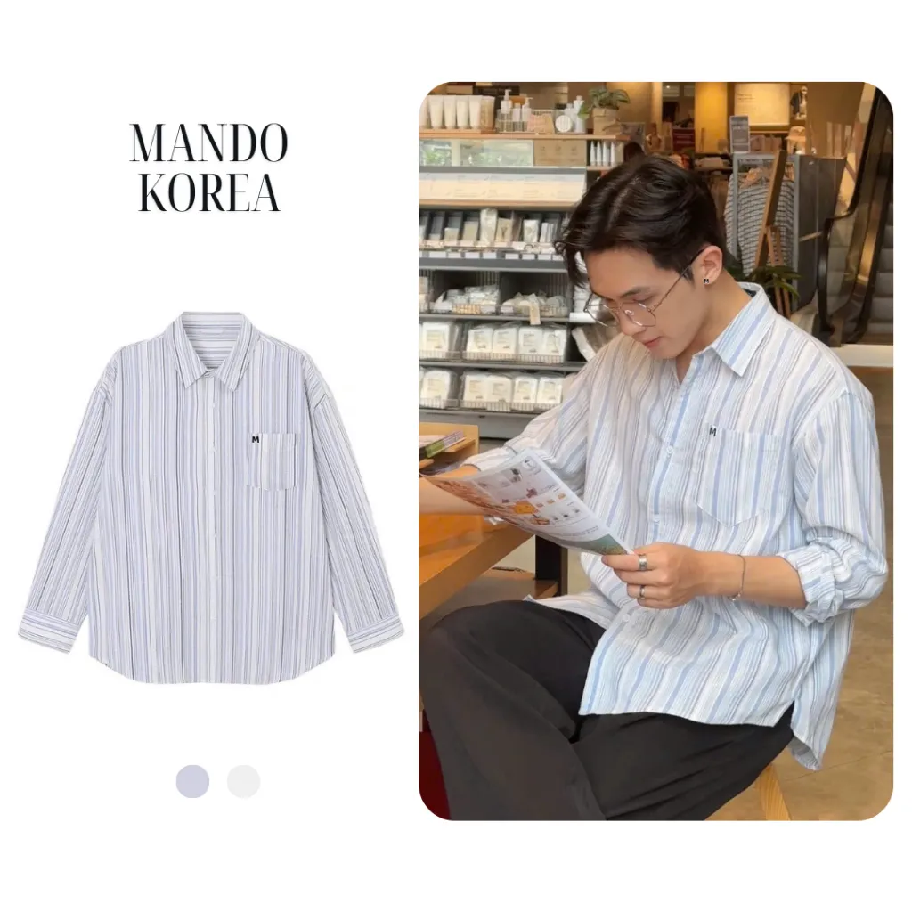 Ảnh Áo Sơ Mi MANDO Xanh Kẻ Sọc Xanh Pastel Vải Linen Dài Tay Form Rộng Unisex Style Phong Cách Hàn Quốc - SHT045 1