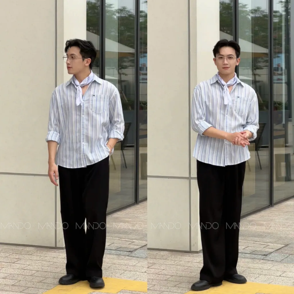 Ảnh Áo Sơ Mi MANDO Xanh Kẻ Sọc Xanh Pastel Vải Linen Dài Tay Form Rộng Unisex Style Phong Cách Hàn Quốc - SHT045 3