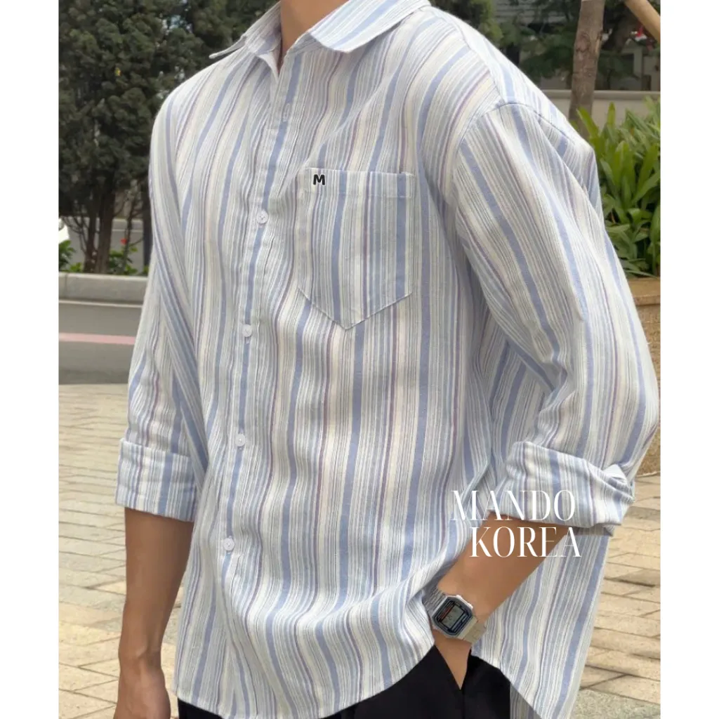 Ảnh Áo Sơ Mi MANDO Xanh Kẻ Sọc Xanh Pastel Vải Linen Dài Tay Form Rộng Unisex Style Phong Cách Hàn Quốc - SHT045 4