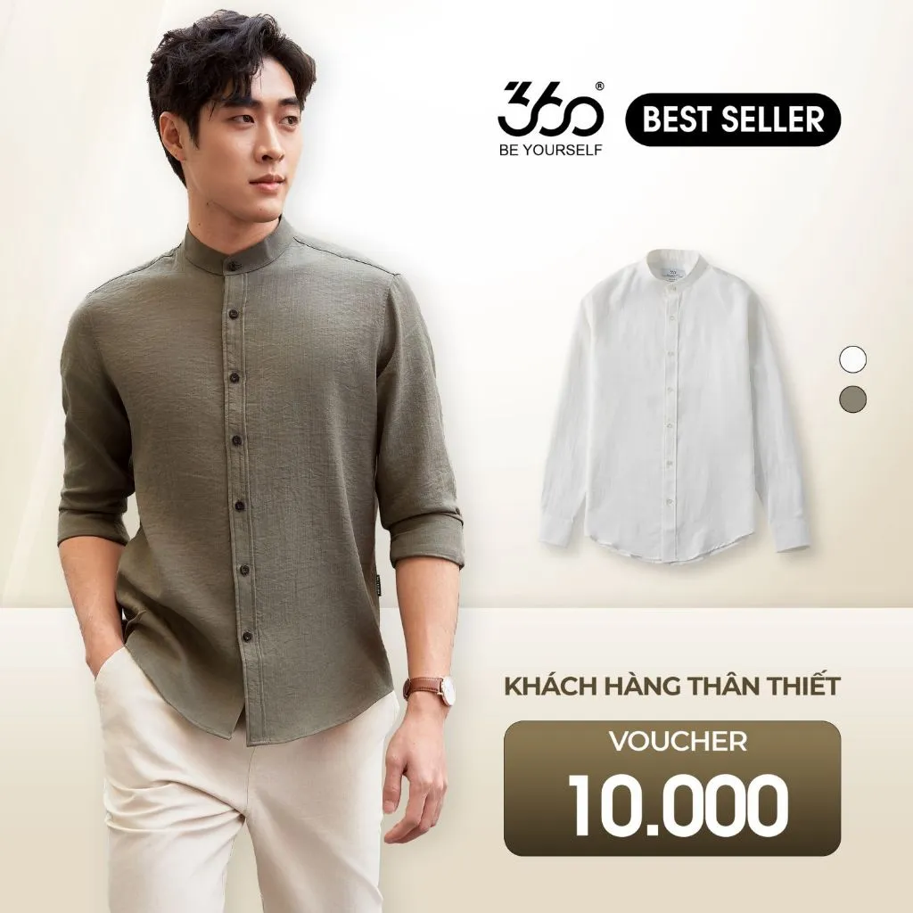 Ảnh Áo sơ mi nam cổ tàu dài tay 360Boutique somi cổ trụ dáng rộng chất liệu đũi xước cao cấp - STDOL419 2