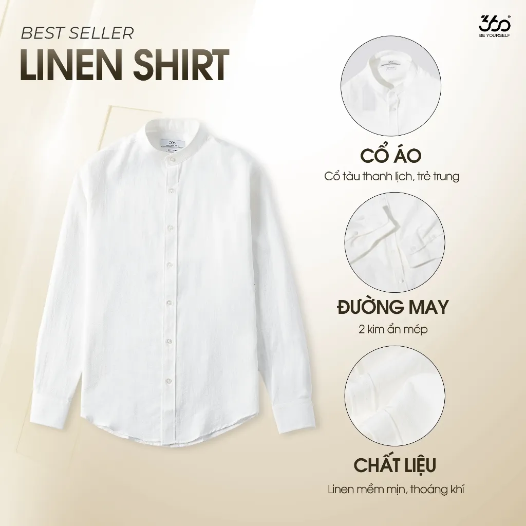 Ảnh Áo sơ mi nam cổ tàu dài tay 360Boutique somi cổ trụ dáng rộng chất liệu đũi xước cao cấp - STDOL419 3