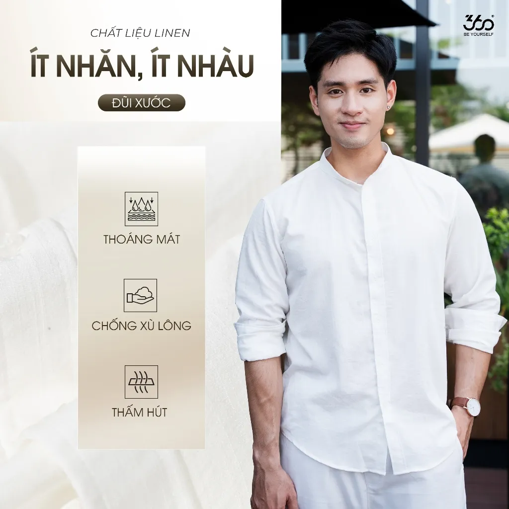 Ảnh Áo sơ mi nam cổ tàu dài tay 360Boutique somi cổ trụ dáng rộng chất liệu đũi xước cao cấp - STDOL419 4