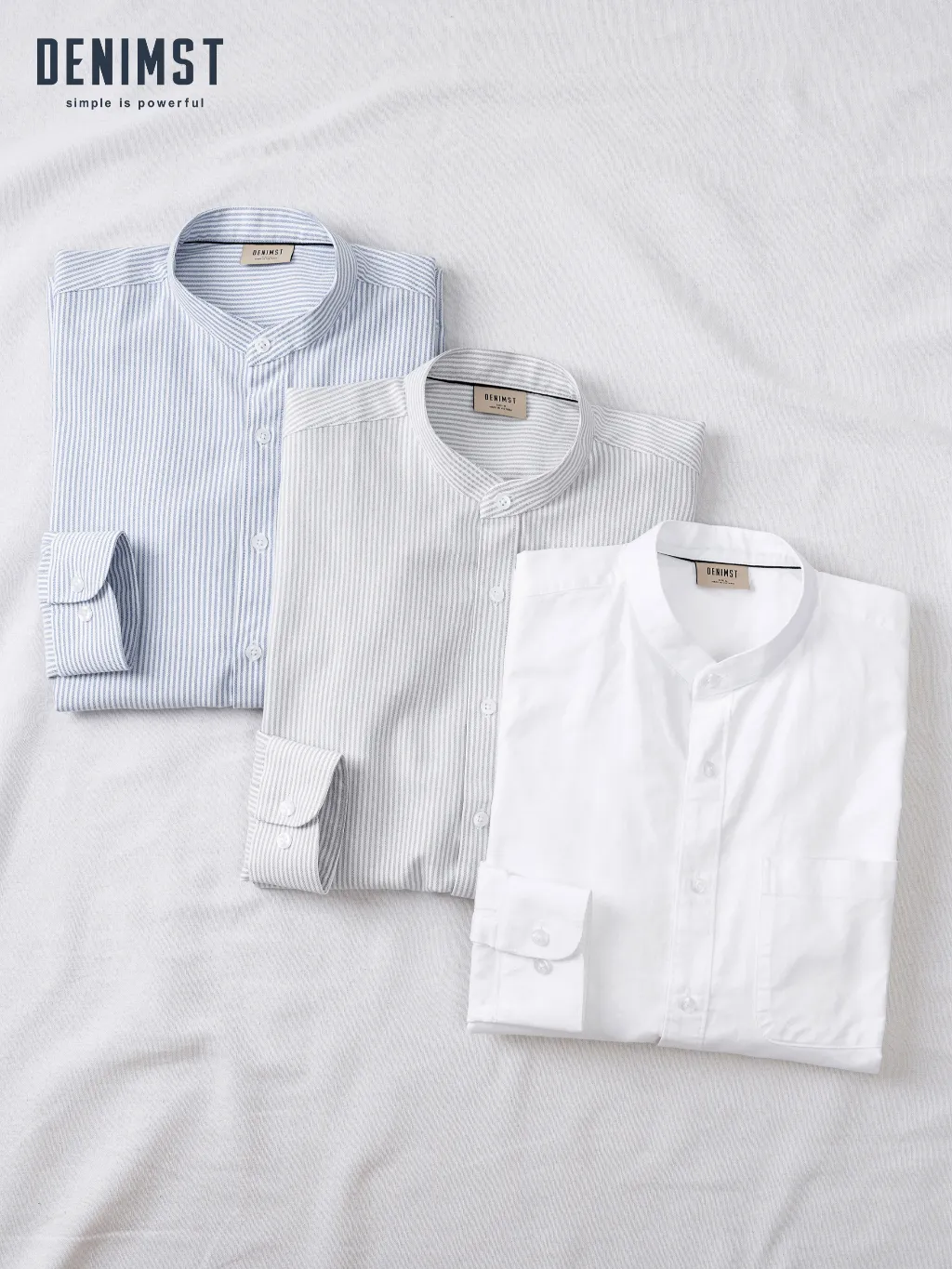 Ảnh Áo Sơ Mi Nam Cổ Trụ Cotton Oxford Form Suông, kẻ xanh, kẻ ghi, trắng trơn DENIMST 355 1