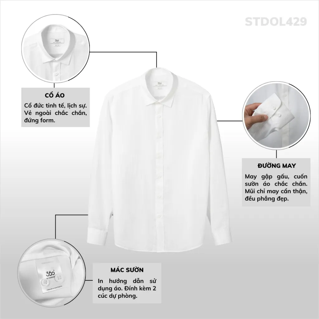 Ảnh Áo sơ mi nam dài tay cổ bẻ đũi xước tặng 1 đôi tất 360 Boutique áo công sở đi học đi làm màu trắng đen trơn - STDOL429 3