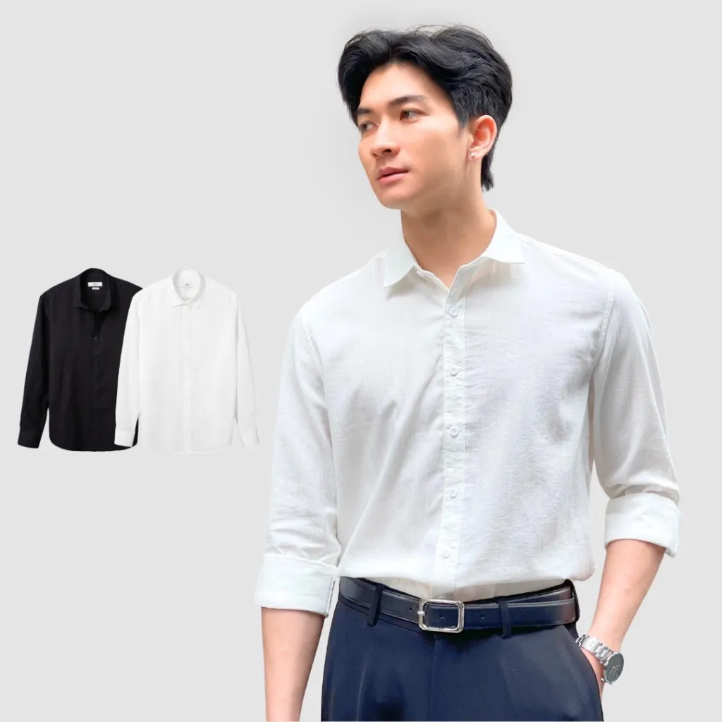 Ảnh Áo sơ mi nam dài tay cổ bẻ đũi xước 360 Boutique áo công sở đẹp đi học đi làm màu trắng đen trơn form rộng - STDOL429 1