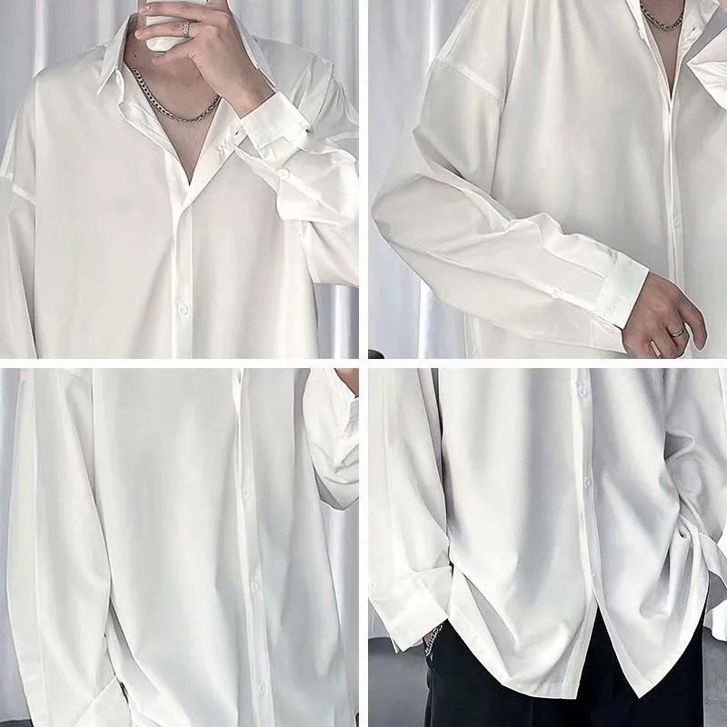 Ảnh Áo sơ mi nam dài tay ELNIDO form rộng kiểu dáng Unisex Hàn Quốc màu Trắng-Đen mềm mịn ,chống nhăn ,chống xù cao cấp ED01 3