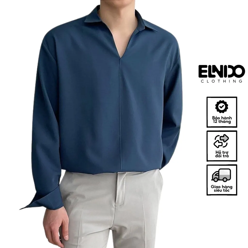 Ảnh Áo sơ mi nam dài tay ELNIDO kiểu dáng unisex form rộng chất vải kate hàn mịn mát phong cách Hàn Quốc EDSM03 2