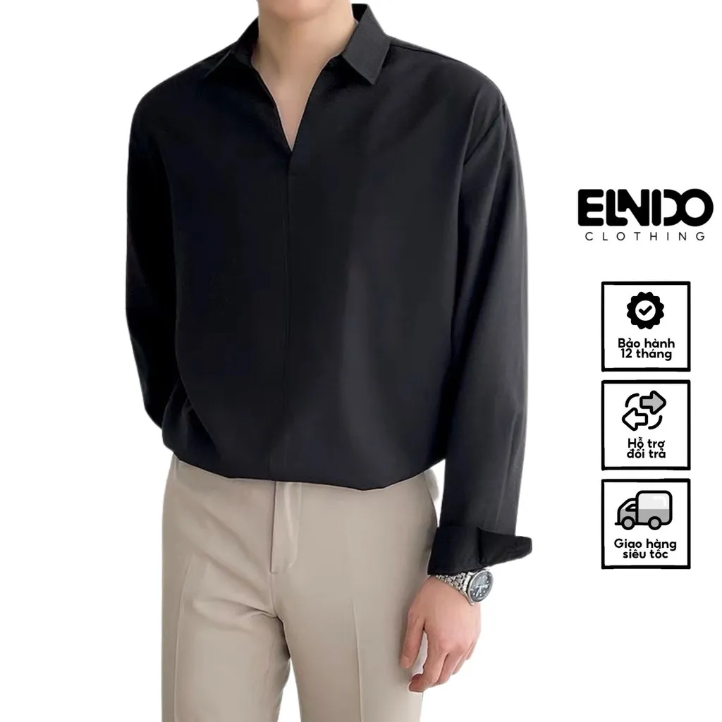 Ảnh Áo sơ mi nam dài tay ELNIDO kiểu dáng unisex form rộng chất vải kate hàn mịn mát phong cách Hàn Quốc EDSM03 3