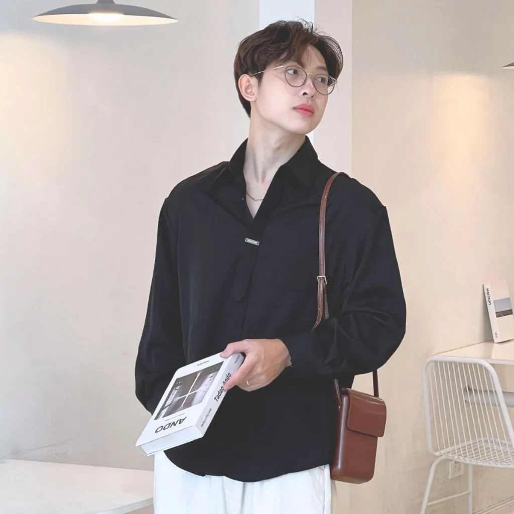 Ảnh Áo Sơ Mi Nam Dài Tay MANDO Thiết Kế Dáng Đứng Có Phụ Kiện Trước Áo Thoải Mái Chất Liệu Vải Chéo Hàn Mềm Mịn - SHT032 3