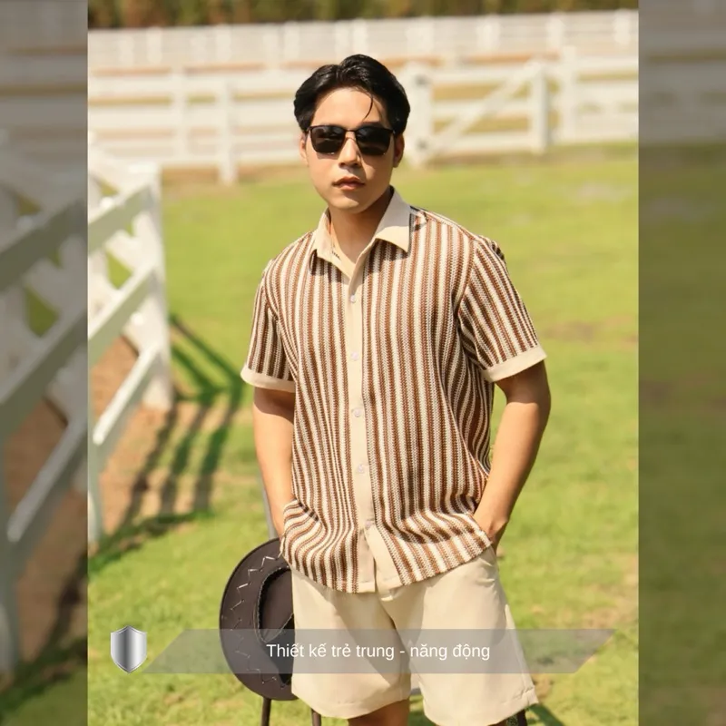 Ảnh Áo sơ mi nam dệt kim tay lỡ SIMTU, chất liệu sợi bông mềm mịn co giãn 2 chiều, họa tiết sọc thời trang | SM031 3