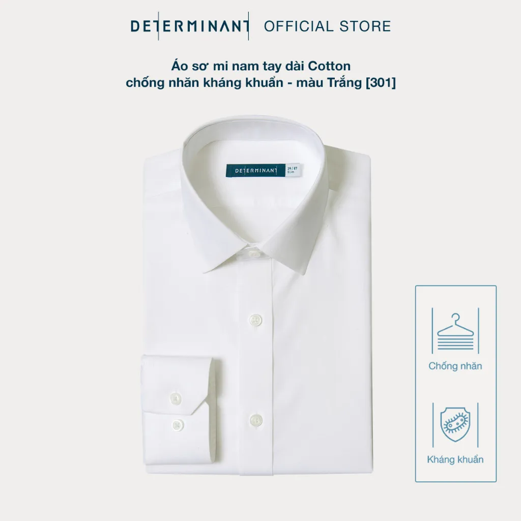 Ảnh Áo sơ mi nam DETERMINANT 100% Cotton siêu dài chống nhăn kháng khuẩn - 301 - màu Trắng 3