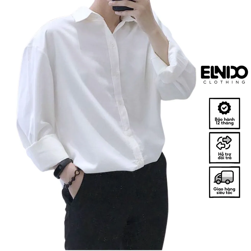Ảnh Áo sơ mi nam ELNIDO dài tay cổ bẻ form dáng unisex màu trắng vải lụa nến không nhăn không xù ED-01 1